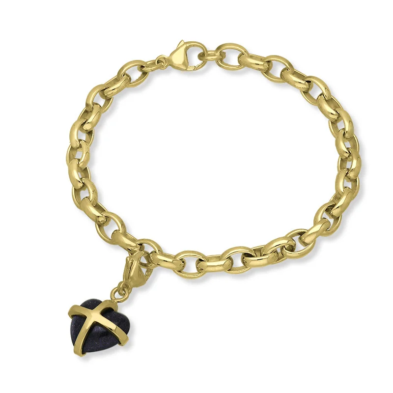 9ct Yellow Gold Blue Goldstone Small Cross Heart Charm Bracelet