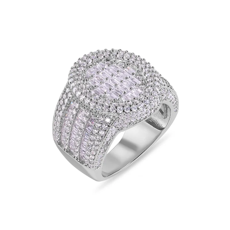 Men's tungsten carbide rings with a brushed textureRhodium Plated 925 Sterling Silver Statement Baguette Clear CZ Oval Top 20.6mm Ring - GMR00388 Men's tungsten carbide rings with a brushed textureRhodium Plated 925 Sterling Silver Statement Baguette Clear CZ Oval Top 20.6mm Ring - GMR00388