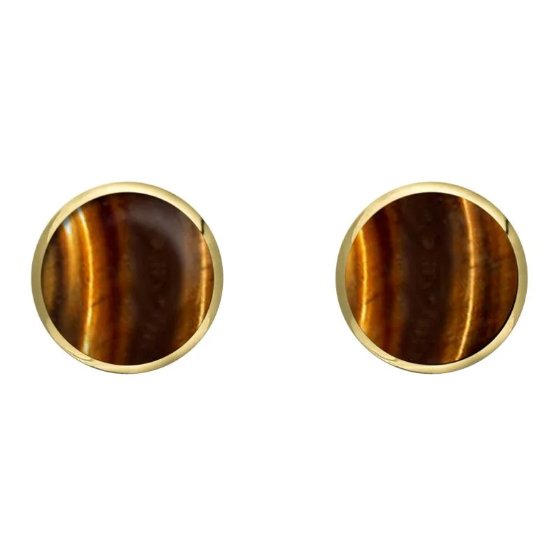 9ct Yellow Gold Tigers Eye 8mm Classic Large Round Stud Earrings