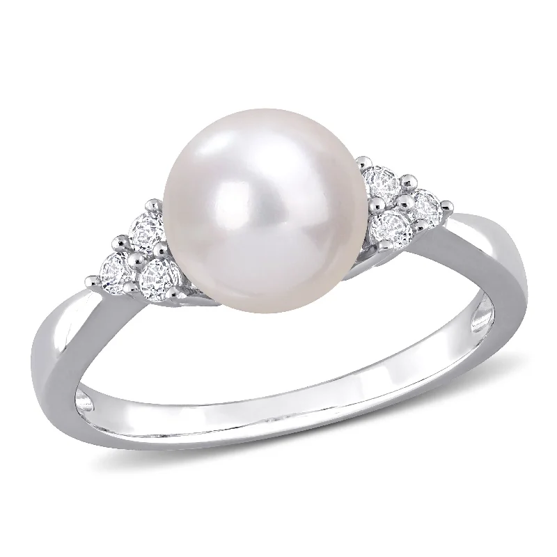 Miadora 8-8.5mm Cultured Freshwater Pearl and 1/4ct TGW White Topaz Ring in Sterling Silver Miadora 8-8.5mm Cultured Freshwater Pearl and 1/4ct TGW White Topaz Ring in Sterling Silver