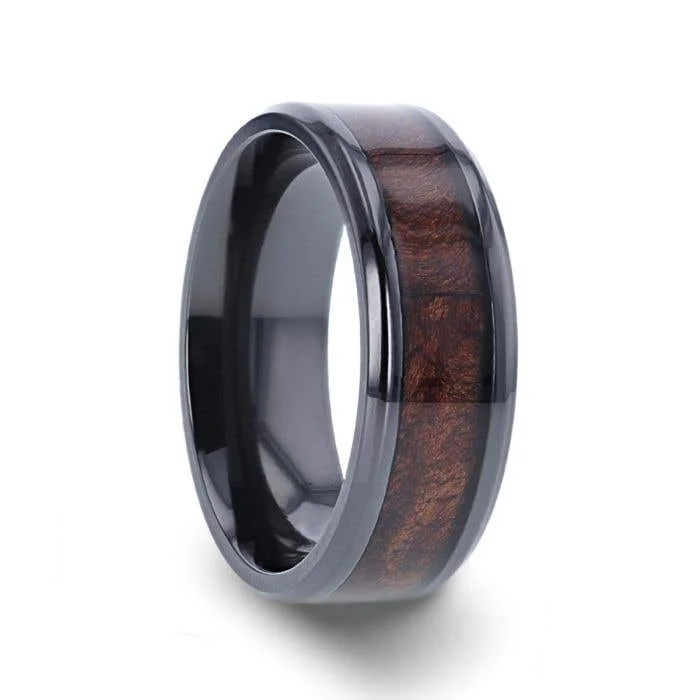 Men's rose - gold - plated rings for a trendy colorThorsten CERISE Redwood Inlaid Black Ceramic Ring with Beveled Edges - 8mm Men's rose - gold - plated rings for a trendy colorThorsten CERISE Redwood Inlaid Black Ceramic Ring with Beveled Edges - 8mm