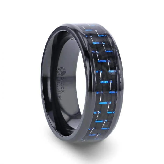 Men's silicone fitness rings for active lifestylesThorsten ZAYDEN Black Titanium Ring with Blue & Black Carbon Fiber Inlay and Bevels - 8mm Men's silicone fitness rings for active lifestylesThorsten ZAYDEN Black Titanium Ring with Blue & Black Carbon Fiber Inlay and Bevels - 8mm