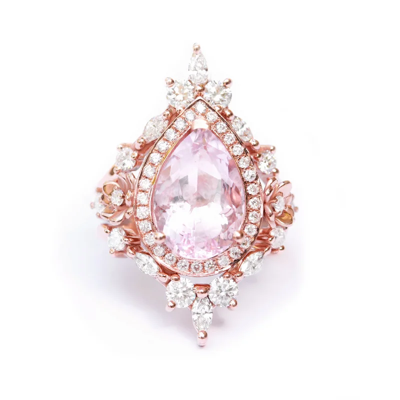 Big Pear Morganite & Two Iceland wedding bands, Engagement Three Ring Set, Antheia ♥ Big Pear Morganite & Two Iceland wedding bands, Engagement Three Ring Set, Antheia ♥