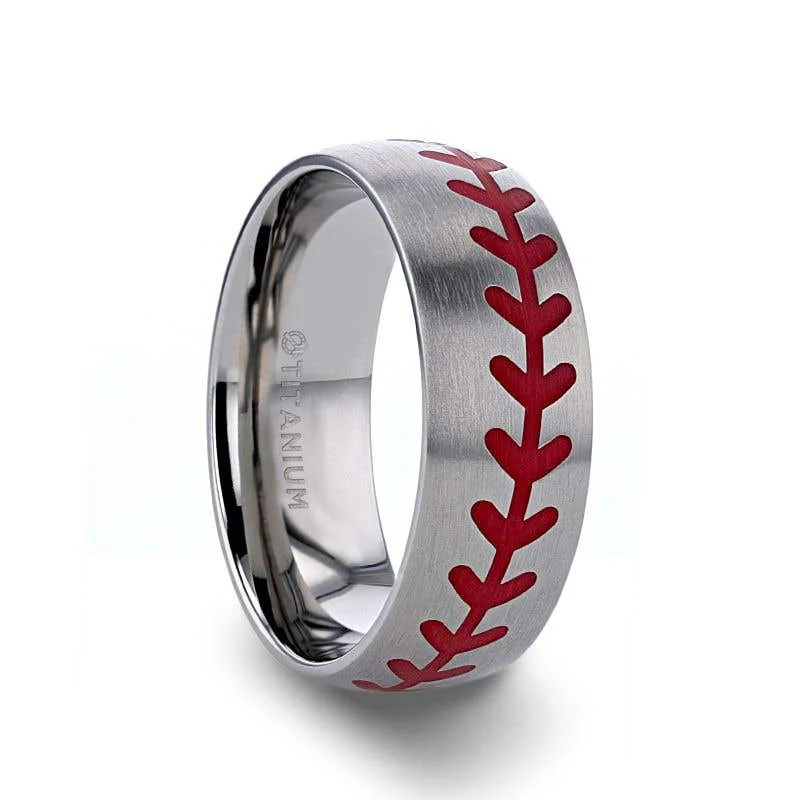 Men's pinky rings with a small gemstoneThorsten DIMAGGIO Titanium Brushed Finish Ring with Red Baseball Stitching Pattern - 8mm