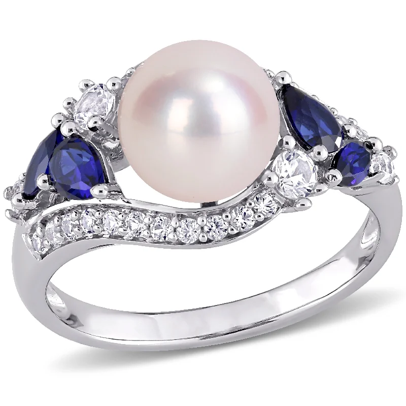Miadora 10k White Gold Cultured FW Pearl with Created Blue & White Sapphire Pearl Ring (8-8.5mm) Miadora 10k White Gold Cultured FW Pearl with Created Blue & White Sapphire Pearl Ring (8-8.5mm)