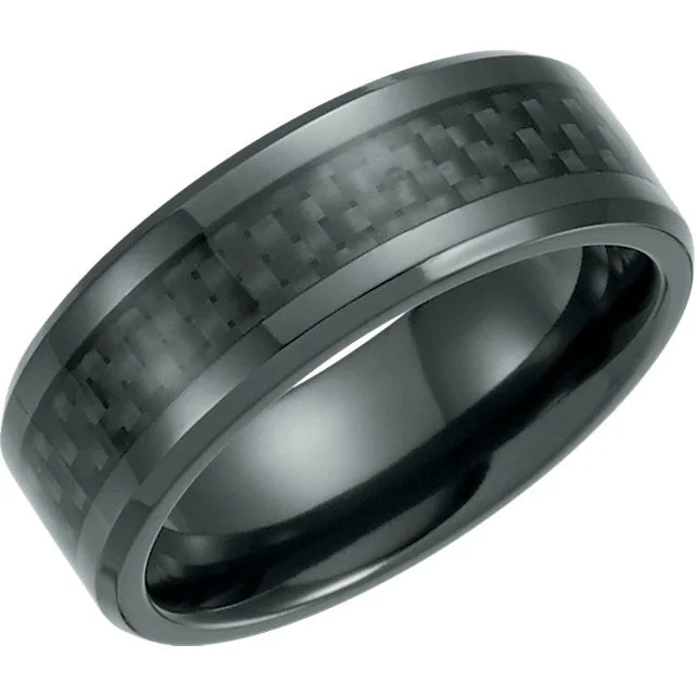 Men's stackable rings for a layered lookBlack Titanium 8mm Beveled Band with Black Carbon Fiber Inlay Men's stackable rings for a layered lookBlack Titanium 8mm Beveled Band with Black Carbon Fiber Inlay