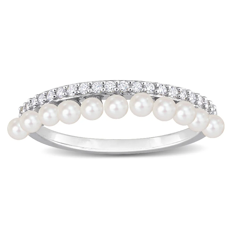 Miadora White Cultured Freshwater Pearl and 1/6ct TDW Diamond Eternity Ring in 14k White Gold Miadora White Cultured Freshwater Pearl and 1/6ct TDW Diamond Eternity Ring in 14k White Gold