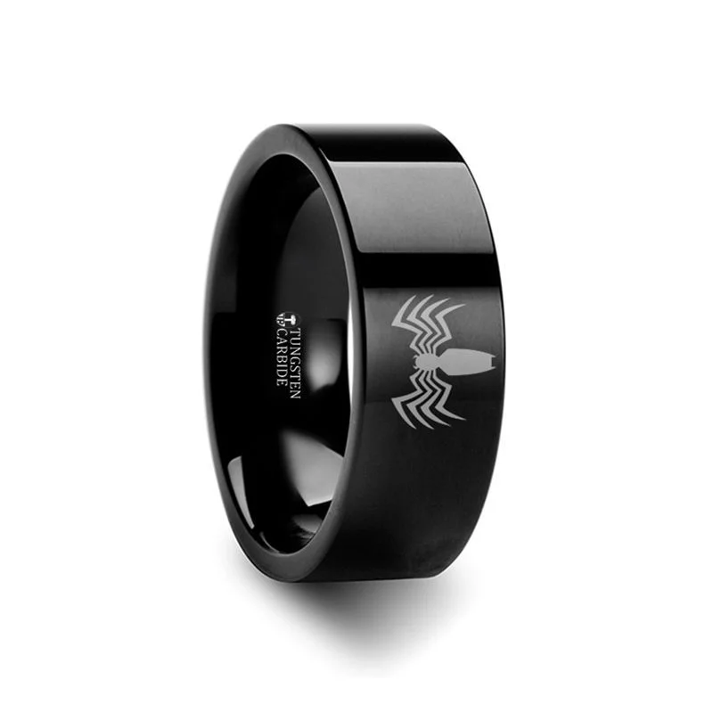 Men's tungsten carbide rings with a brushed textureThorsten Venom Spiderman Symbol Black Tungsten Engraved Ring - 4mm-12mm Men's tungsten carbide rings with a brushed textureThorsten Venom Spiderman Symbol Black Tungsten Engraved Ring - 4mm-12mm