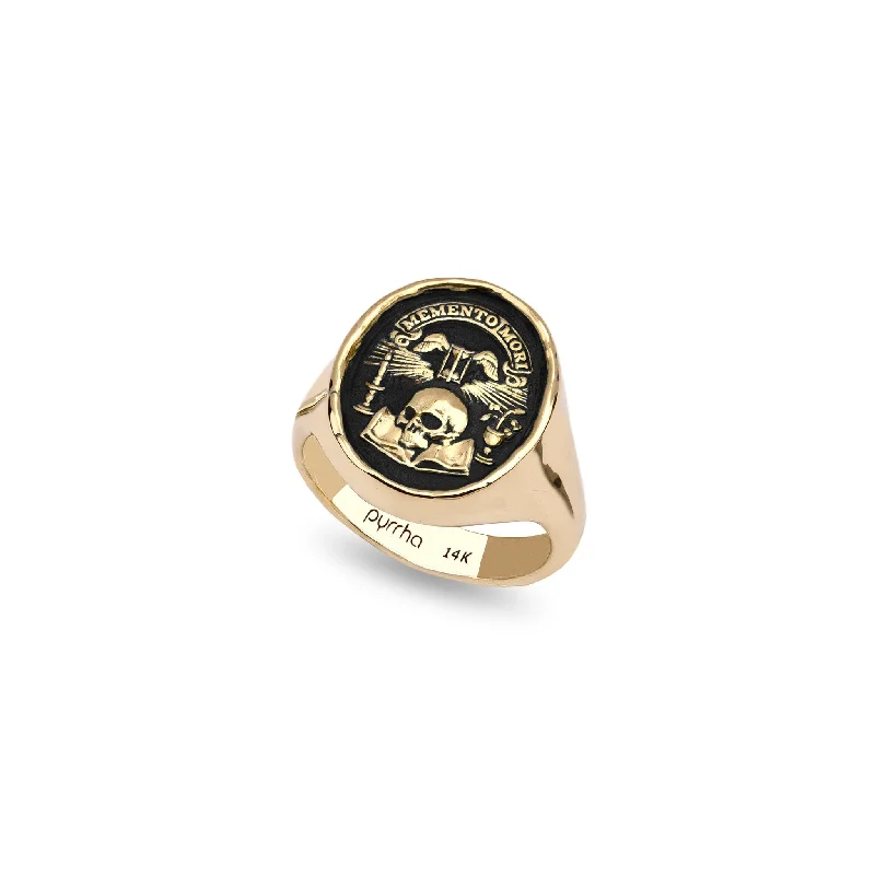 Gothic - Style Women's Rings with Black Onyx and Silver SkullsMemento Mori 14K Gold Signet Ring Gothic - Style Women's Rings with Black Onyx and Silver SkullsMemento Mori 14K Gold Signet Ring