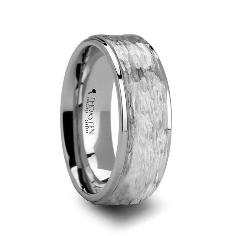 Men's anchor - themed rings for a nautical lookThorsten WINSTON White Tungsten Ring with Raised Hammered Finish and Polished Step Edges - 4mm - 10mm Men's anchor - themed rings for a nautical lookThorsten WINSTON White Tungsten Ring with Raised Hammered Finish and Polished Step Edges - 4mm - 10mm