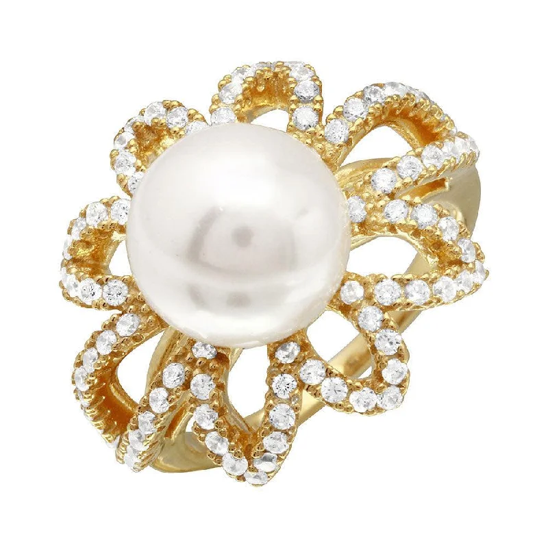 Gold Plated 925 Sterling Silver Open CZ Flower Ring with Synthetic Center Pearl - BGR01096 Gold Plated 925 Sterling Silver Open CZ Flower Ring with Synthetic Center Pearl - BGR01096
