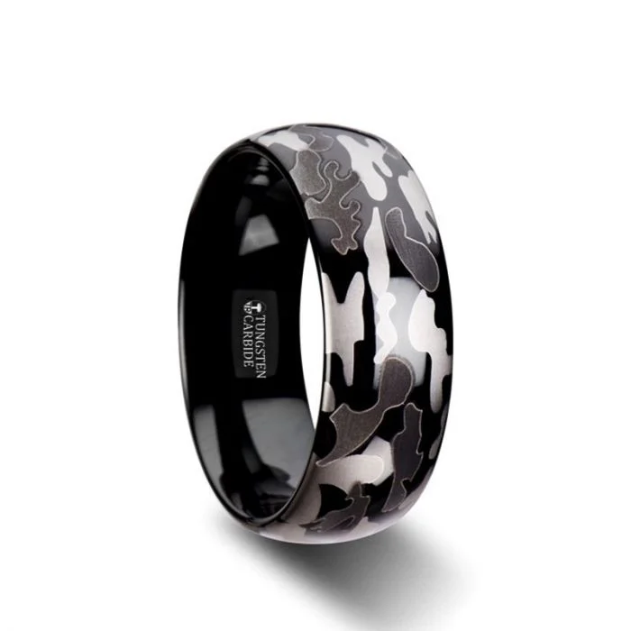 Men's multi - colored gemstone rings for a vibrant styleADMIRAL Domed Black Tungsten Carbide Ring with Black and Gray Camo Pattern Men's multi - colored gemstone rings for a vibrant styleADMIRAL Domed Black Tungsten Carbide Ring with Black and Gray Camo Pattern