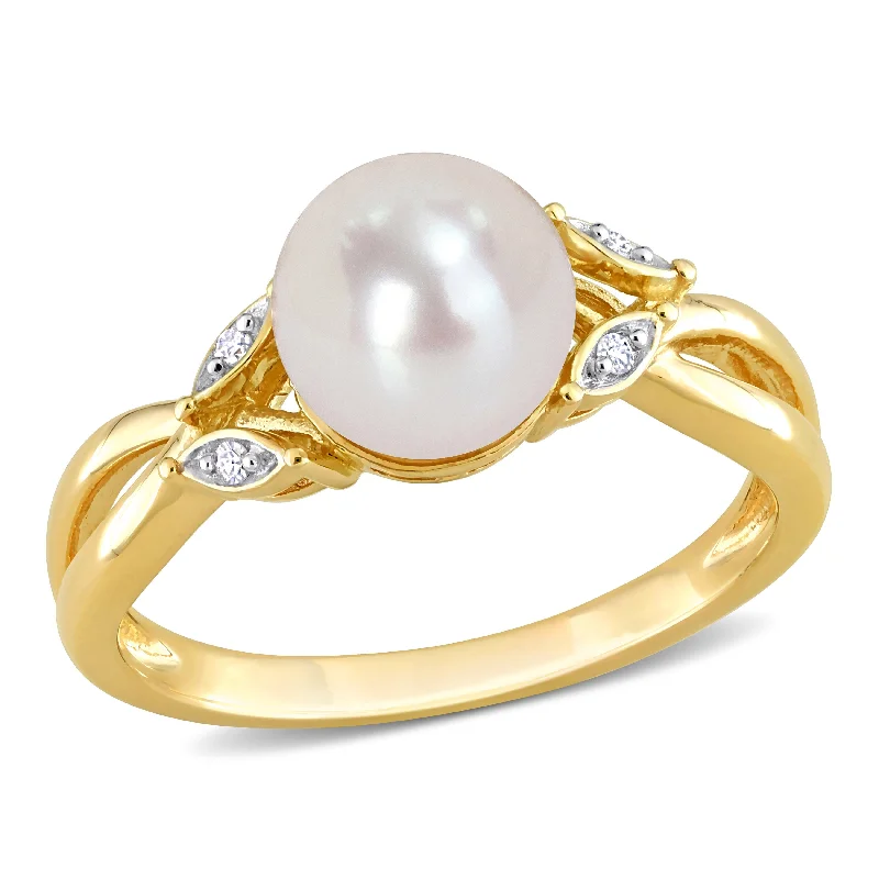Miadora 7.5-8mm White Cultured Freshwater Pearl and Diamond Accent Split-Shank Ring in 10k Yellow Gold Miadora 7.5-8mm White Cultured Freshwater Pearl and Diamond Accent Split-Shank Ring in 10k Yellow Gold