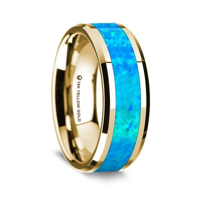 Men's gold signet rings with engraved initialsThorsten 14K Yellow Gold Polished Beveled Edges Wedding Ring with Blue Opal Inlay - 8 mm Men's gold signet rings with engraved initialsThorsten 14K Yellow Gold Polished Beveled Edges Wedding Ring with Blue Opal Inlay - 8 mm