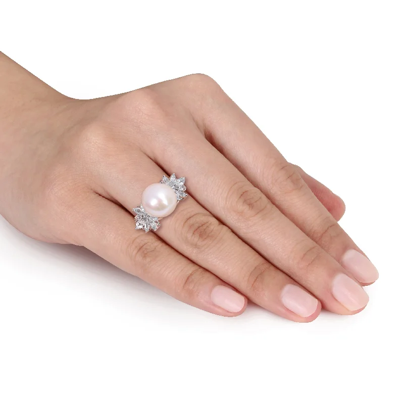 Miadora 11-12mm Cultured Freshwater Pearl and 1 1/5ct TGW Aquamarine and 1/10ct TDW Diamond Flower Ring in Sterling Silver Miadora 11-12mm Cultured Freshwater Pearl and 1 1/5ct TGW Aquamarine and 1/10ct TDW Diamond Flower Ring in Sterling Silver