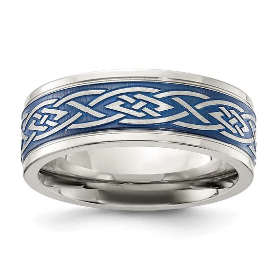 Men's pinky rings with a small gemstoneStainless Steel Polished Blue IP-plated Celtic Design 8mm Band Men's pinky rings with a small gemstoneStainless Steel Polished Blue IP-plated Celtic Design 8mm Band