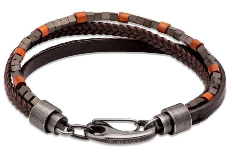 Unique & Co Black Brown Leather Hematite and Wood Beads Bracelet