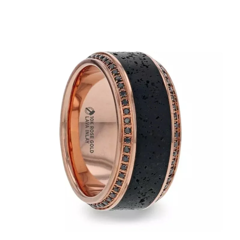 Men's emerald - encrusted rings for a rich green toneThorsten HYPERIA Lava Inlaid 10K Rose Gold Wedding Ring Polished Beveled Edges Set with Round Black Diamonds - 10mm Men's emerald - encrusted rings for a rich green toneThorsten HYPERIA Lava Inlaid 10K Rose Gold Wedding Ring Polished Beveled Edges Set with Round Black Diamonds - 10mm