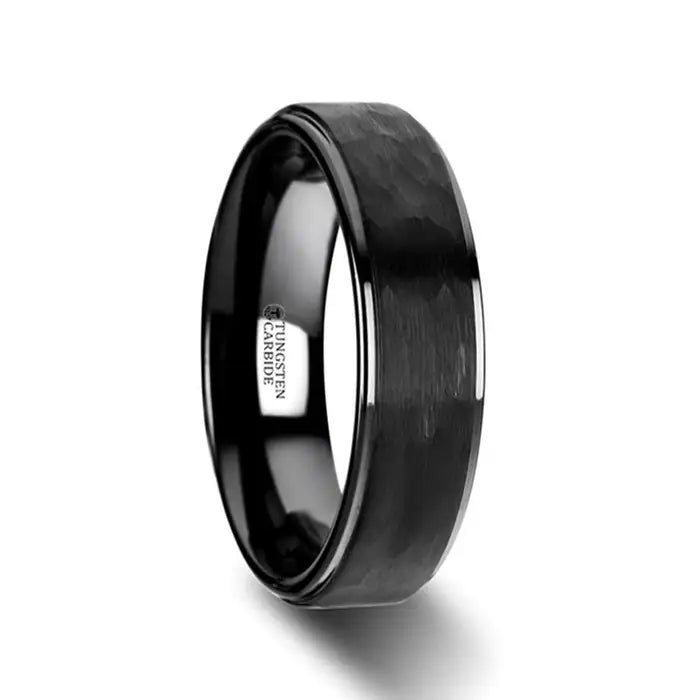 Men's ruby - adorned rings for a bold red colorREBEL ~ Raised Hammer Finish Step Edge Black Tungsten Carbide Wedding Band with Brushed Finish Men's ruby - adorned rings for a bold red colorREBEL ~ Raised Hammer Finish Step Edge Black Tungsten Carbide Wedding Band with Brushed Finish