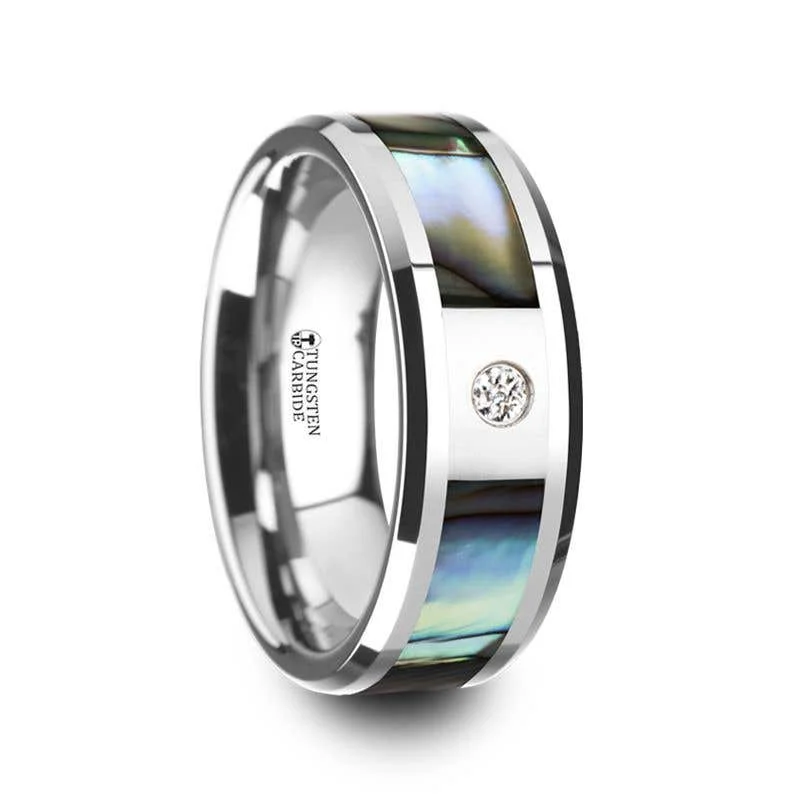 Men's waterproof rings for water - based activitiesThorsten HONOLULU Mother of Pearl Inlay Tungsten Carbide Ring with Beveled Edges and White Diamond - 8mm Men's waterproof rings for water - based activitiesThorsten HONOLULU Mother of Pearl Inlay Tungsten Carbide Ring with Beveled Edges and White Diamond - 8mm