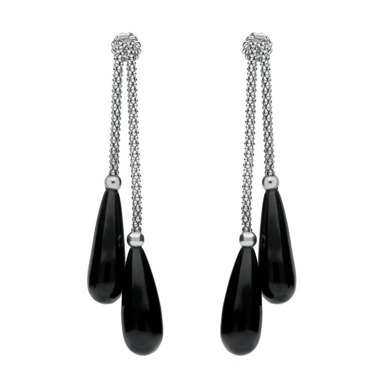 Sterling Silver Whitby Jet Two Stone Knot Drop Earrings D
