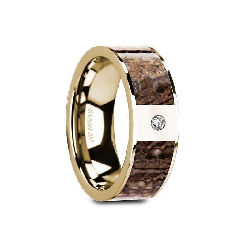 Men's animal - print rings with leopard or snake patternsThorsten GLAUCE Flat Polished 14K Yellow Gold Brown Dinosaur Bone & White Diamond Setting - 8mm Men's animal - print rings with leopard or snake patternsThorsten GLAUCE Flat Polished 14K Yellow Gold Brown Dinosaur Bone & White Diamond Setting - 8mm