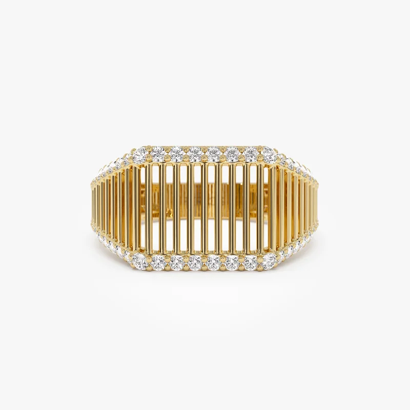 Cluster - Style Women's Diamond Rings with Multiple Small Diamonds Arranged in a Stunning Pattern14k Ribbed Unique Design Diamond Signet Ring Cluster - Style Women's Diamond Rings with Multiple Small Diamonds Arranged in a Stunning Pattern14k Ribbed Unique Design Diamond Signet Ring