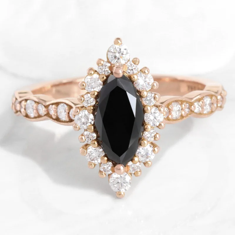 Tennis - Style Women's Diamond Rings with a Continuous Row of Diamonds for a Classic and Versatile LookMarquise Black Diamond Ring in Tiara Halo Scalloped Band Tennis - Style Women's Diamond Rings with a Continuous Row of Diamonds for a Classic and Versatile LookMarquise Black Diamond Ring in Tiara Halo Scalloped Band