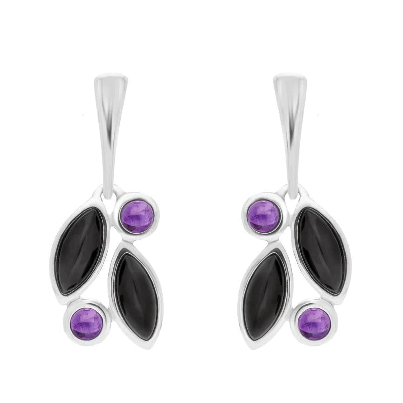 Sterling Silver Amethyst Whitby Jet Drop Stud Earrings