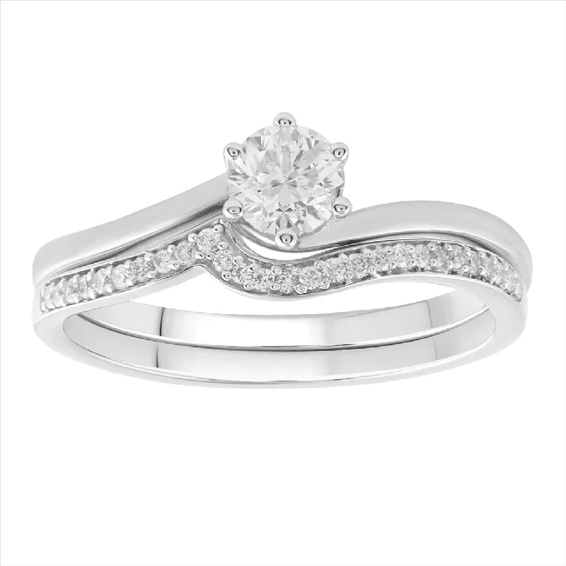 Cathedral - Style Women's Diamond Rings with a Raised Center Setting and Elaborate Metalwork9Ct White Gold Diamond Wedding Ring Set Cathedral - Style Women's Diamond Rings with a Raised Center Setting and Elaborate Metalwork9Ct White Gold Diamond Wedding Ring Set