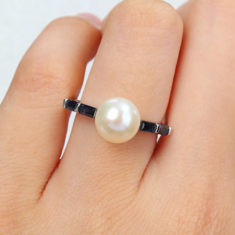 Miadora 8mm Cultured Freshwater Pearl 3/4ct TGW Baguette Sapphire Ring 10k White Gold Miadora 8mm Cultured Freshwater Pearl 3/4ct TGW Baguette Sapphire Ring 10k White Gold