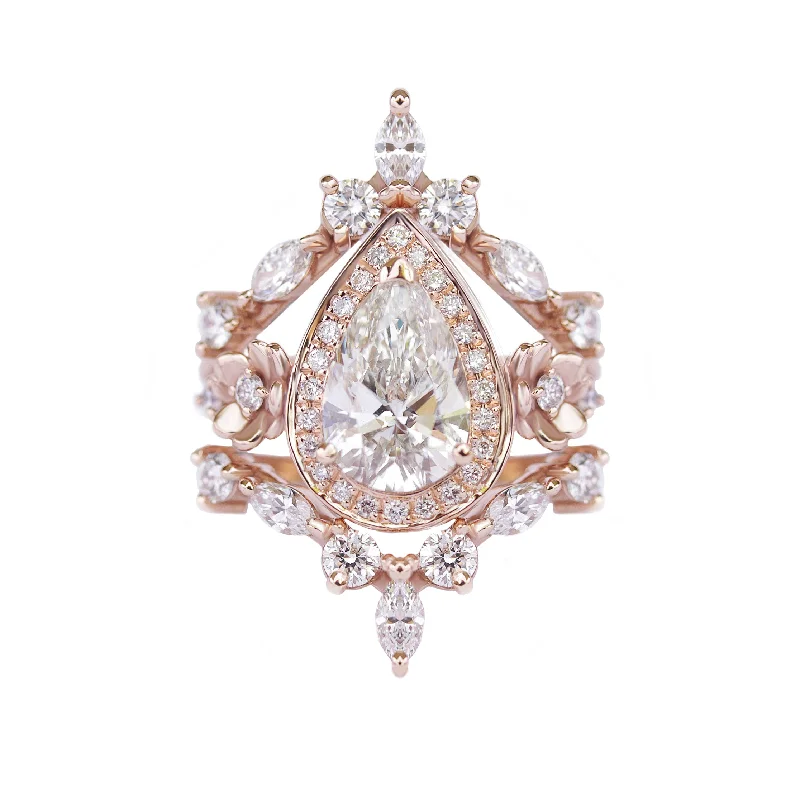 Flowers Pear Diamond Engagement Ring & Two Matching Nesting Bands Three Ring Set - "Antheia" ♥ Flowers Pear Diamond Engagement Ring & Two Matching Nesting Bands Three Ring Set - "Antheia" ♥