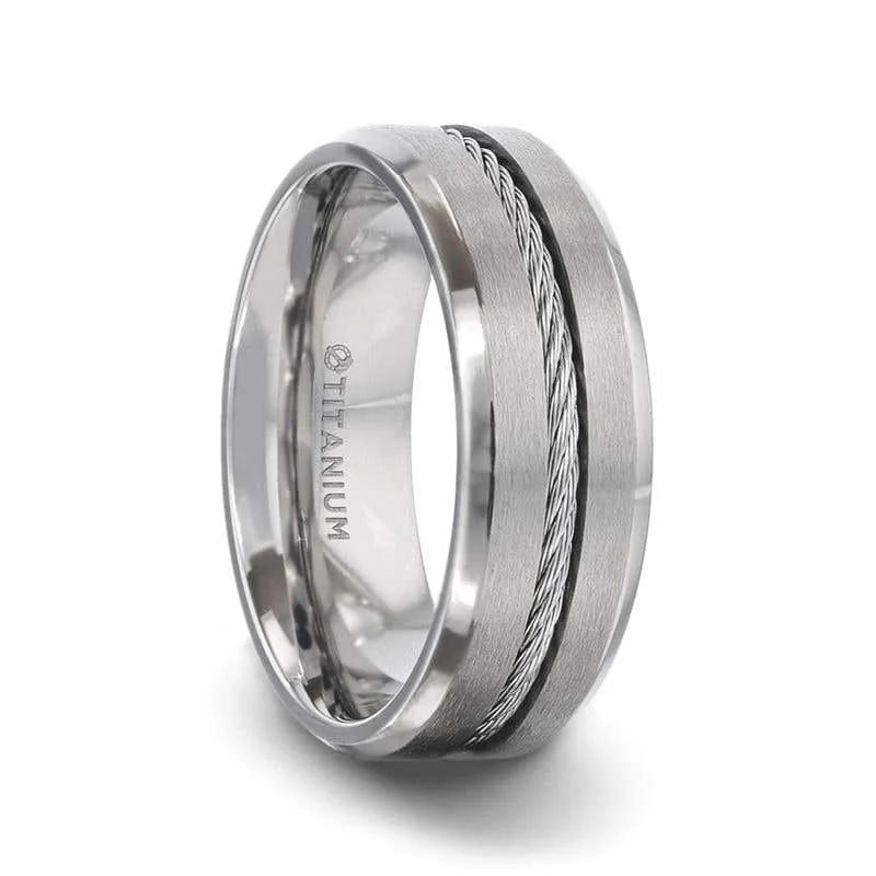 Men's stainless - steel promise rings with a matte finishThorsten ALBERT Steel Cable Inlaid Brushed Center Titanium Men's Wedding Band With With Beveled Polished Edges - 8mm Men's stainless - steel promise rings with a matte finishThorsten ALBERT Steel Cable Inlaid Brushed Center Titanium Men's Wedding Band With With Beveled Polished Edges - 8mm