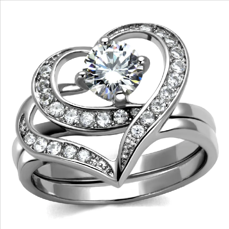 Rose gold anniversary rings with a feminine charmCJE2868 Stainless Steel AAA Grade CZ Heart Ring Set Rose gold anniversary rings with a feminine charmCJE2868 Stainless Steel AAA Grade CZ Heart Ring Set
