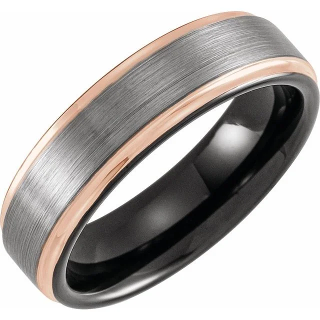 Men's opal - featured rings with iridescent colorsBlack & 18K Rose Gold PVD Tungsten 6 mm Grooved Band with Satin Finish Men's opal - featured rings with iridescent colorsBlack & 18K Rose Gold PVD Tungsten 6 mm Grooved Band with Satin Finish