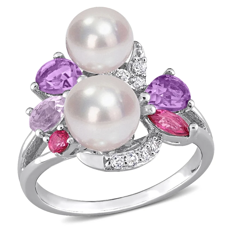 Miadora Cultured Freshwater Pearl and 1 3/8ct TGW Multi-Gemstone Cocktail Ring in Sterling Silver Miadora Cultured Freshwater Pearl and 1 3/8ct TGW Multi-Gemstone Cocktail Ring in Sterling Silver