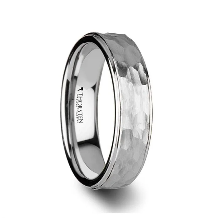 Men's thumb rings with a wide bandWINSTON White Tungsten Ring with Raised Hammered Finish and Polished Step Edges Men's thumb rings with a wide bandWINSTON White Tungsten Ring with Raised Hammered Finish and Polished Step Edges