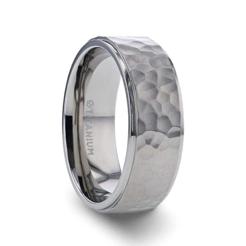 Men's glow - in - the - dark rings for a fun effectThorsten MINISTER Titanium Ring with Raised Hammered Finish and Polished Step Edges - 8mm Men's glow - in - the - dark rings for a fun effectThorsten MINISTER Titanium Ring with Raised Hammered Finish and Polished Step Edges - 8mm