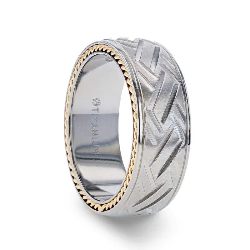 Men's polished brass rings with a warm glowThorsten SATURN Woven Pattern Domed Titanium Men's Wedding Ring With Yellow Gold Braided Edges - 8mm Men's polished brass rings with a warm glowThorsten SATURN Woven Pattern Domed Titanium Men's Wedding Ring With Yellow Gold Braided Edges - 8mm