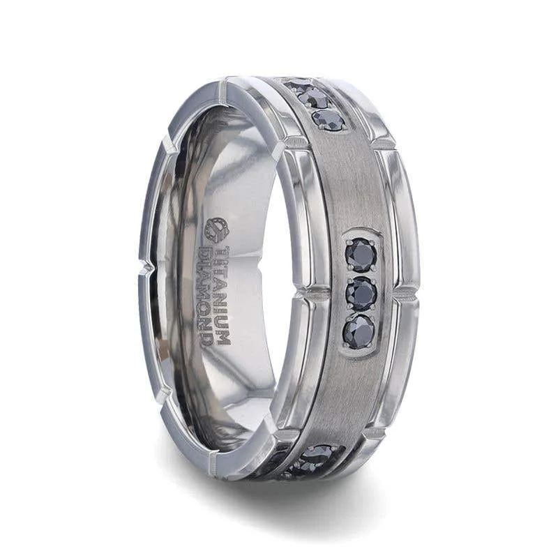 Men's emerald - encrusted rings for a rich green toneThorsten COURAGEOUS Brushed Center Titanium Men's Wedding Band With Double Grooved Polished Edges And Black Diamond Settings - 8mm