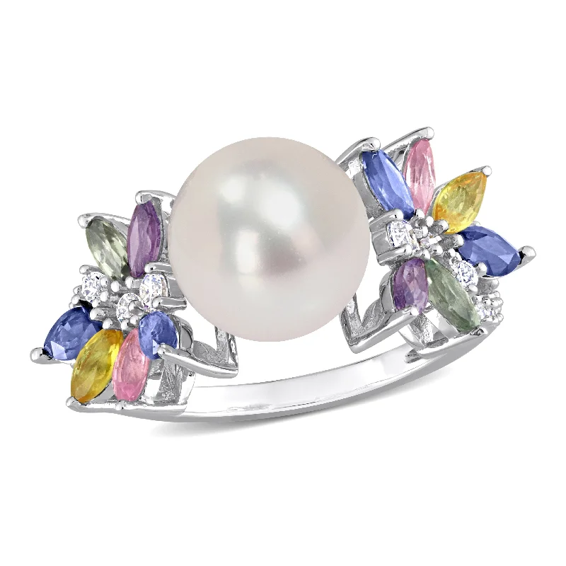 Miadora 9-9.5mm Cultured Freshwater Pearl 1 3/4ct TGW Multi Sapphire 1/8ct TW Diamond Flower Ring in 14k White Gold Miadora 9-9.5mm Cultured Freshwater Pearl 1 3/4ct TGW Multi Sapphire 1/8ct TW Diamond Flower Ring in 14k White Gold