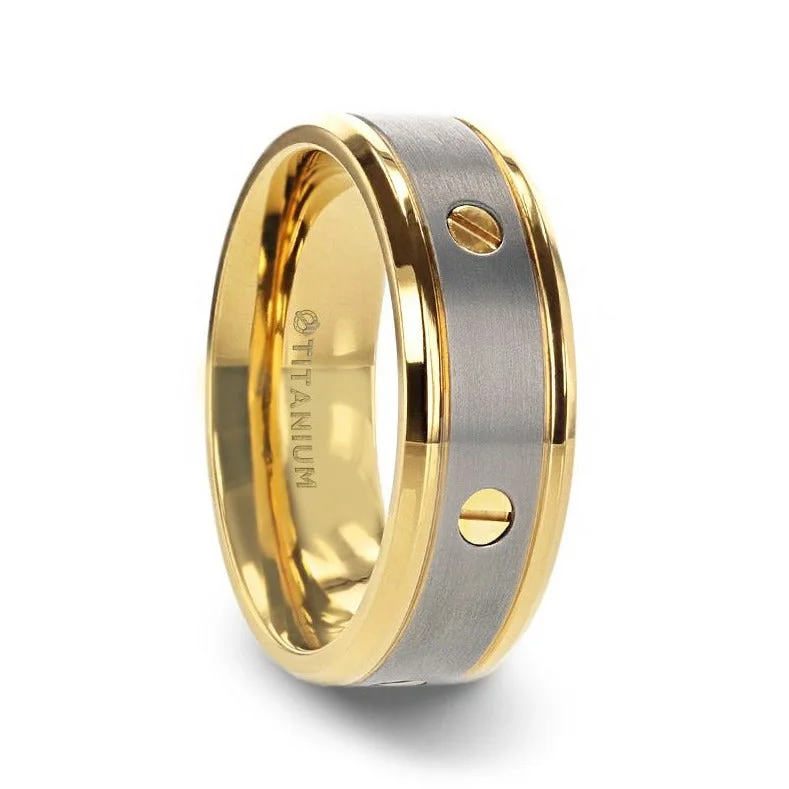 Men's spinning rings for fidget - friendly useBOUNDLESS Gold-Plated Titanium Flat Brushed Center With Rotating Screw Design And Beveled Polished Edges