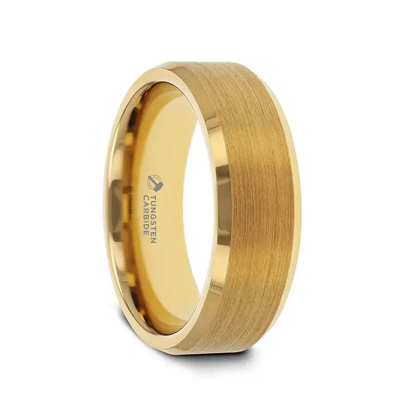 Men's multi - colored gemstone rings for a vibrant styleHONOR Gold Plated Tungsten Beveled Polished Edges Flat Ring with Brushed Center Men's multi - colored gemstone rings for a vibrant styleHONOR Gold Plated Tungsten Beveled Polished Edges Flat Ring with Brushed Center