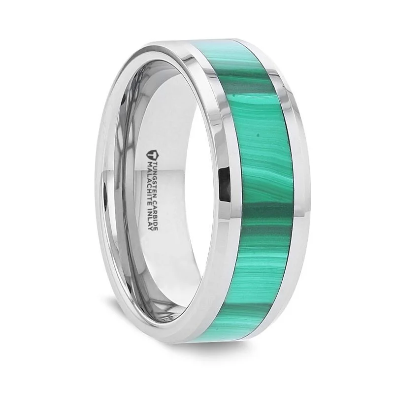 Men's spinning rings for fidget - friendly useMAHI Malachite Inlay Tungsten Carbide Ring with Polished Beveled Edges Men's spinning rings for fidget - friendly useMAHI Malachite Inlay Tungsten Carbide Ring with Polished Beveled Edges
