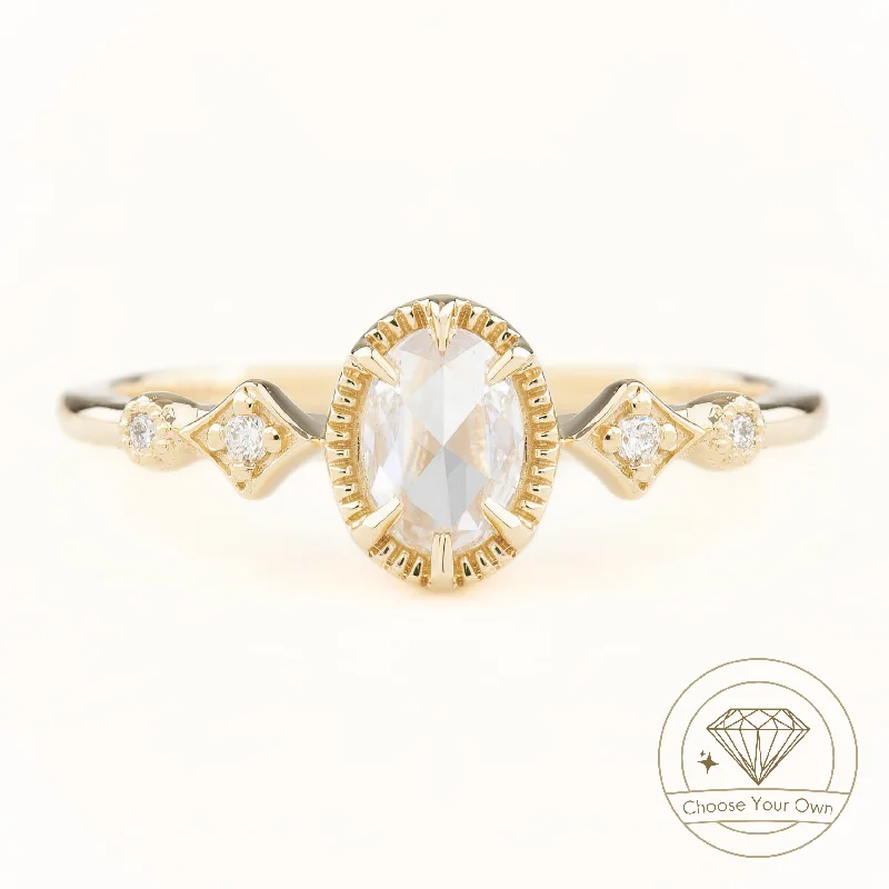 Cushion - Cut Women's Diamond Rings in Platinum with a Soft and Romantic AppearanceStella Ring, Oval Rose Cut Diamond Cushion - Cut Women's Diamond Rings in Platinum with a Soft and Romantic AppearanceStella Ring, Oval Rose Cut Diamond