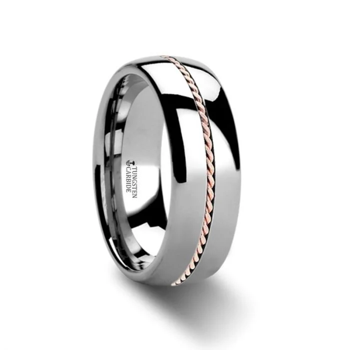 Men's Damascus - steel rings with a unique patternROSSMOOR Braided Rose Gold Inlay Domed Tungsten Ring Men's Damascus - steel rings with a unique patternROSSMOOR Braided Rose Gold Inlay Domed Tungsten Ring