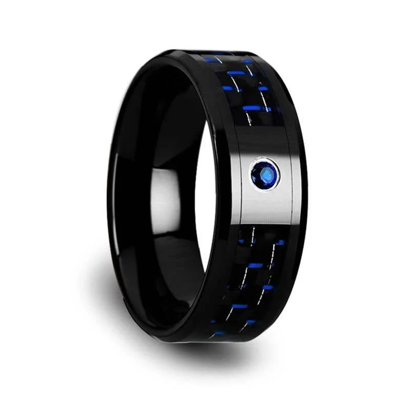 Men's glow - in - the - dark rings for a fun effectThorsten ODELL Black Ceramic Ring Black and Blue Carbon Fiber Blue Sapphire Setting - 8mm Men's glow - in - the - dark rings for a fun effectThorsten ODELL Black Ceramic Ring Black and Blue Carbon Fiber Blue Sapphire Setting - 8mm