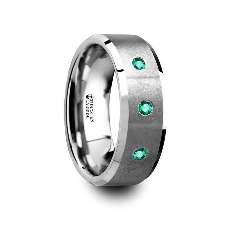 Men's opal - featured rings with iridescent colorsThorsten ICARUS 3 Emerald Brushed Tungsten Wedding Ring with Polished Beveled Edges - 8mm Men's opal - featured rings with iridescent colorsThorsten ICARUS 3 Emerald Brushed Tungsten Wedding Ring with Polished Beveled Edges - 8mm