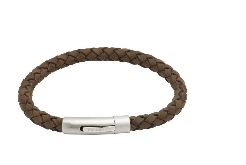 Unique & Co Brushed Stainless Steel Brown Leather Bracelet