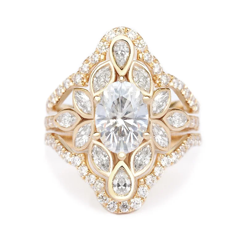 Oval & Marquise Diamonds Bezel Set Flower Engagement Ring with Pave Diamond Ring Wrap Lily #6 Oval & Marquise Diamonds Bezel Set Flower Engagement Ring with Pave Diamond Ring Wrap Lily #6